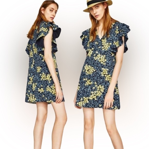 ZARA blue and yellow flower clusters pattern  mini dress with ruffled sleeves - Picture 1 of 11